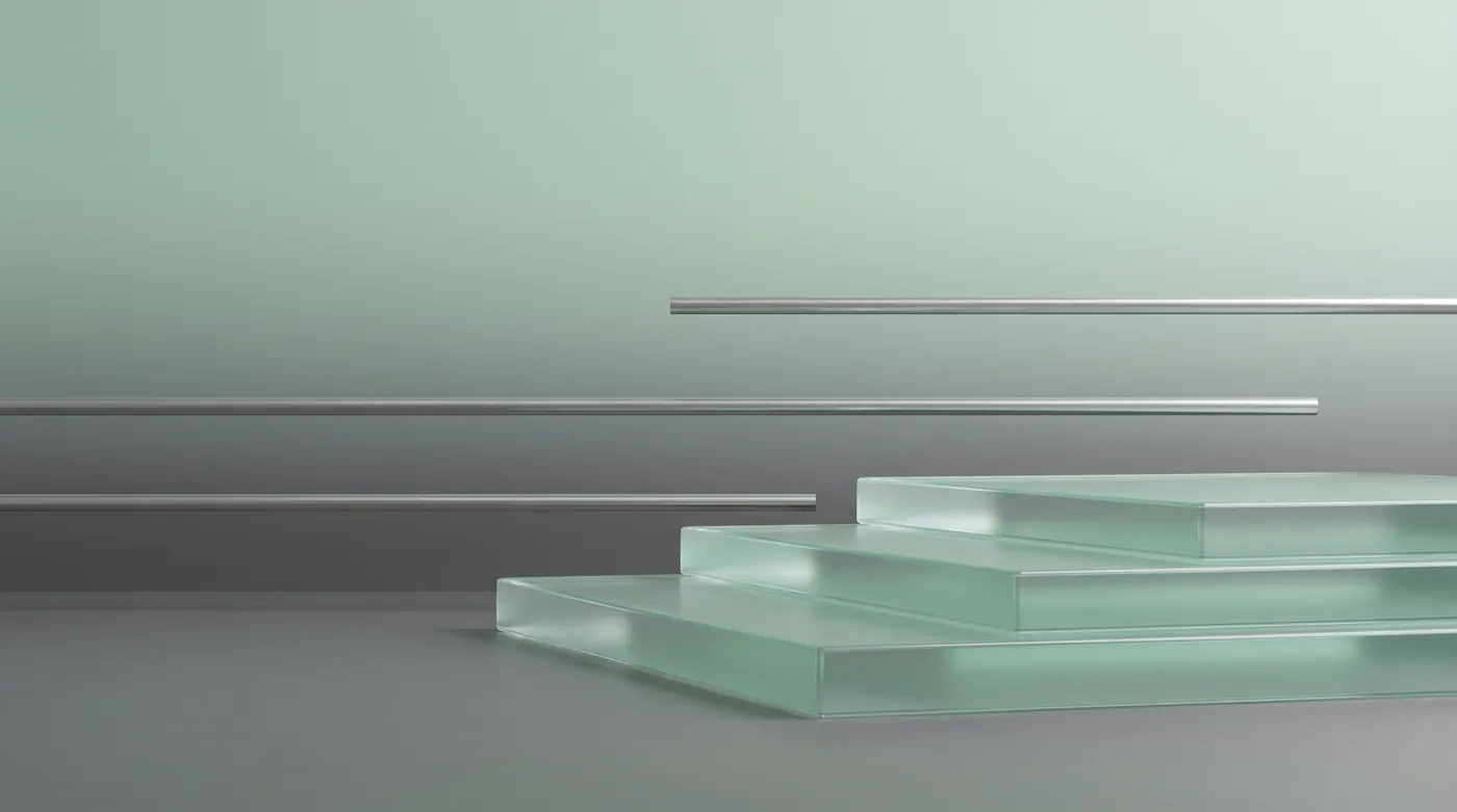 Three frosted mint glass steps beside steel rails